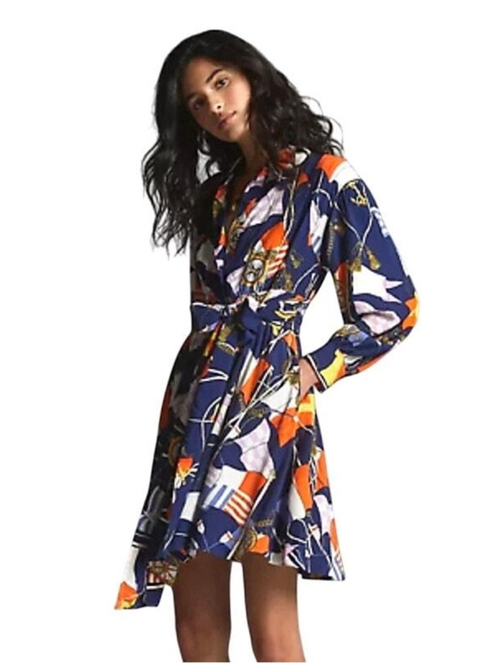 Maeve Navy Blue Orange White Print Long Sleeve Wrap Dress